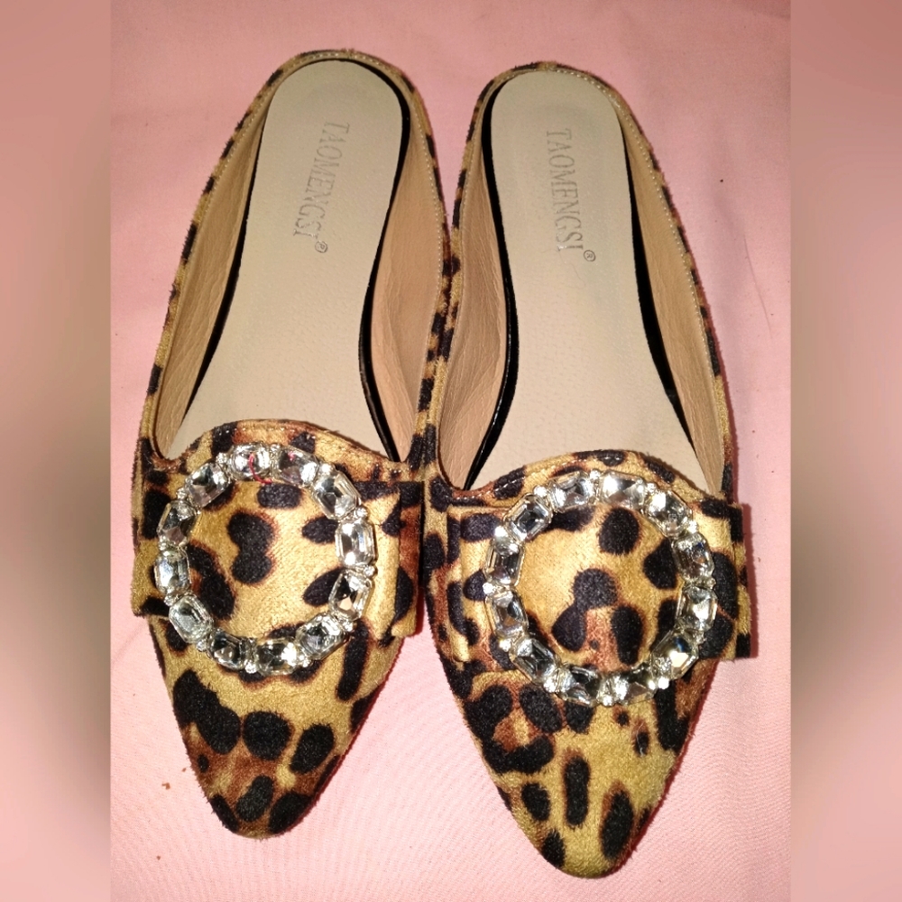 Taomengsi | Cheetah Print Mule Flats With Decorat… - image 1